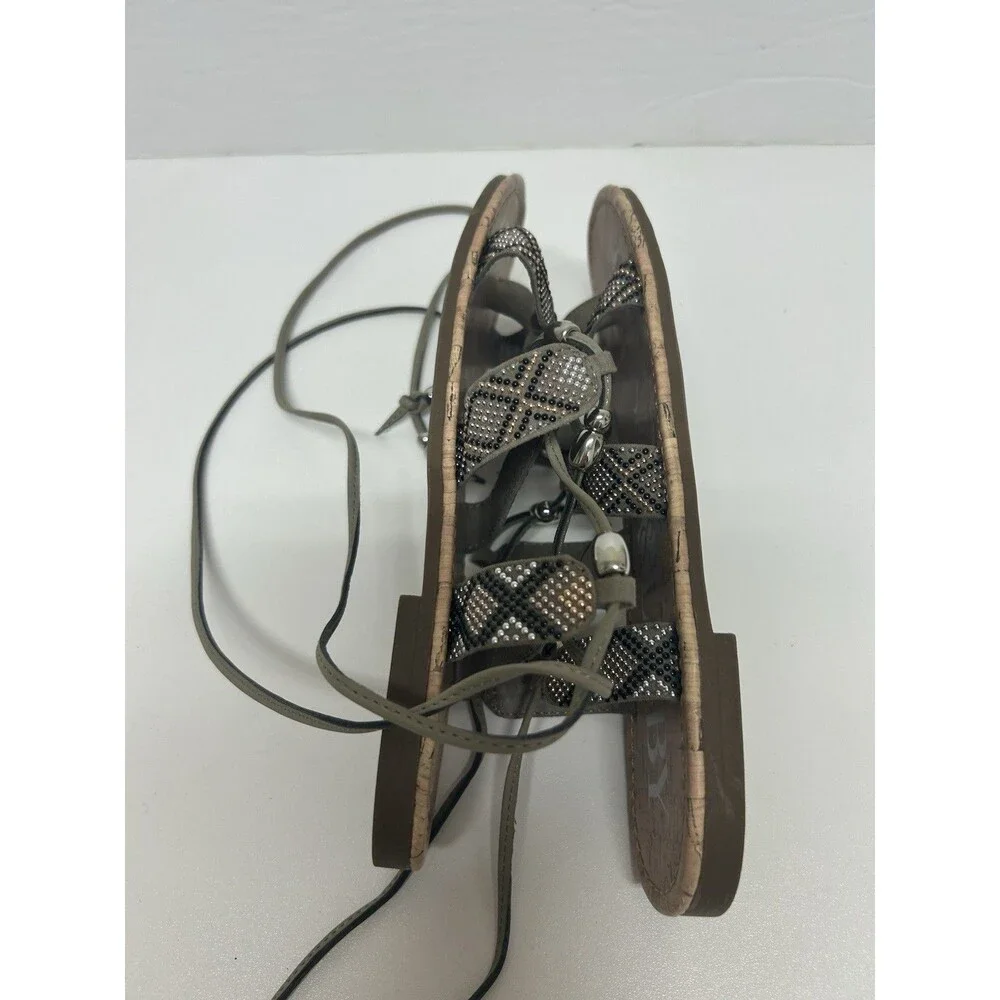 Sam & Libby Sandals Metallic Beaded Lace Up Gladiator Flats 8 Boho Western Festi